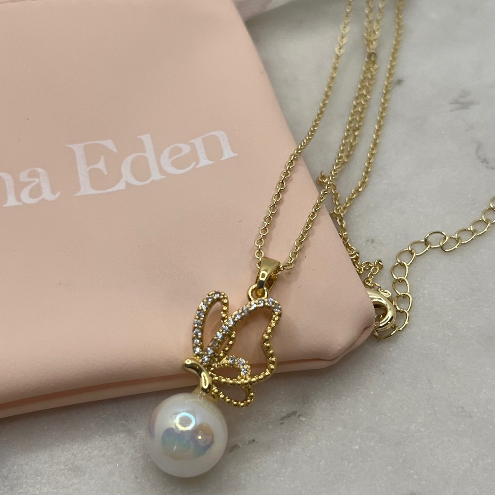 Dainty Butterfly Pearl Necklace 14K Gold Plate Adina Eden Faux Pave New Jewelry
